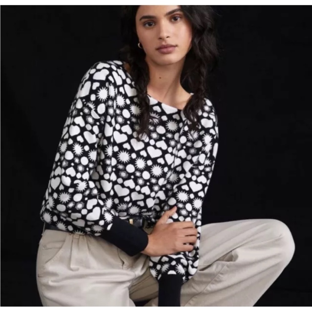 Maeve Anthropologie Heart Sweater Boat Neck Black White Sun Size XSmall